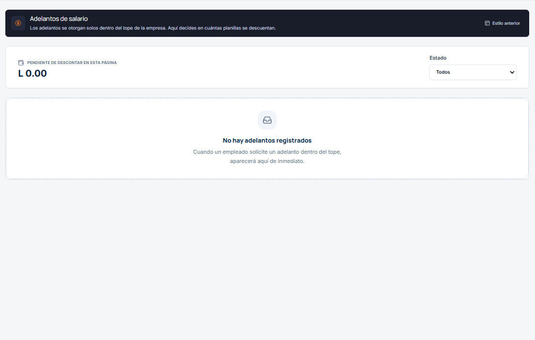 Módulo de Adelantos de salario mostrando cero pendientes de descontar y el mensaje de que no hay adelantos registrados.