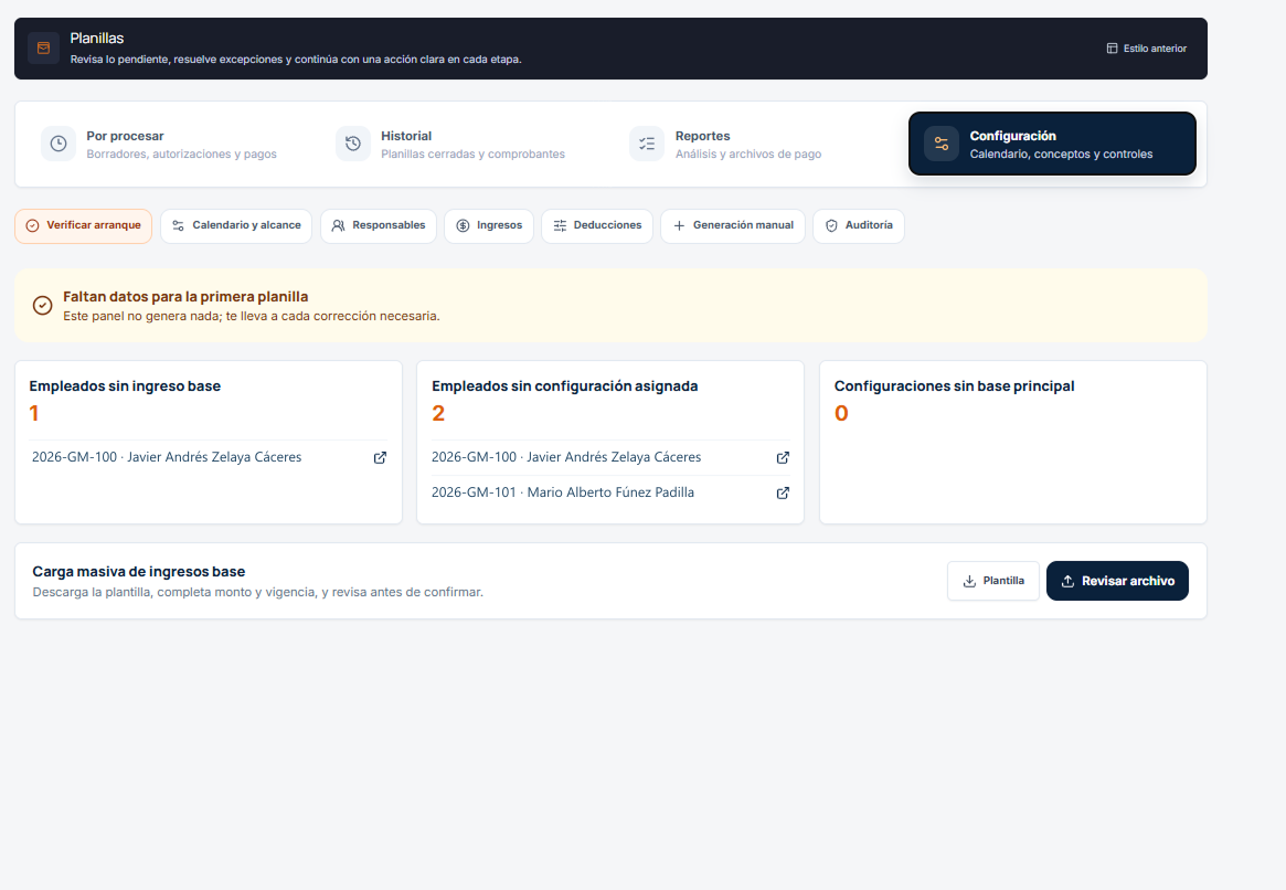 Pestaña de Configuración del módulo de Planillas, en Verificar arranque, avisando de empleados sin ingreso base y sin configuración asignada.
